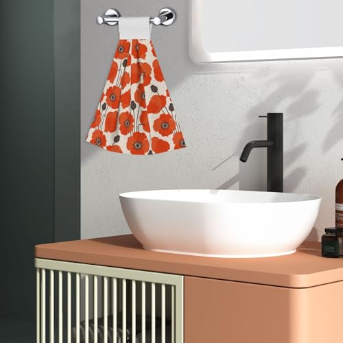 Poppy Flower Hanging Kitchen Towels with Loop, Set of 2 | Soft absorbent microfiber • Quick drying • Hanging loop • Ideal for kitchen, bathroom & coffee bar - color: Red Poppy Flowers
