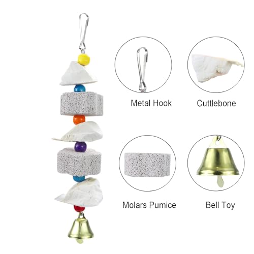 2Pcs Bird Beak Trim Cuttlebone Calcium Stone Lava Block Chew Toy Grinding Teeth Natural Minerals with Bell for Parakeet Conure Lovebird Cockatiel Finch Canary Hamster Chinchilla Rabbit