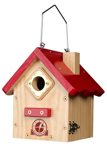 SISTERBIRD Wren Bird House, Premium Wooden Bird Houses for Outside, Classic Cabin Design Birdhouses for Outdoors, Hanging Bird House, Red-Breasted Nuthatch Wren Chickadee - color: Red with Log Color upgrade