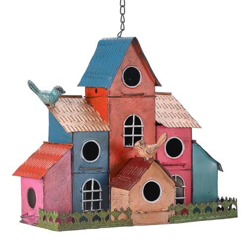 Large Bird House for Outside Hanging, Metal Bird Houses for Outside with 6 Compartments for Birds to Nest in, Durable Colorful Birdhouse with Easy Clean Back Doors, Escape Holes & Ventilation