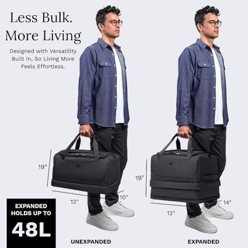 Knack Expandable Travel Duffel Midnight Black | 35L Duffel with hidden, separate 13L compartment easily organizes 4-5 days of travel gear. - color: Midnight Black, style: Travel Duffel