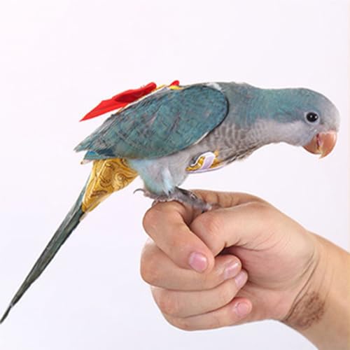Escape-Proof Adjustable Parrot Flight Suit with Chinese Brocade Bow, Reusable Washable Bird Diaper Clothing for Cockatiels, Parakeets, Monk Parrots, Sun Conures & Mini Macaws (Yellow Nylon-S) - size: Yellow nylon-S