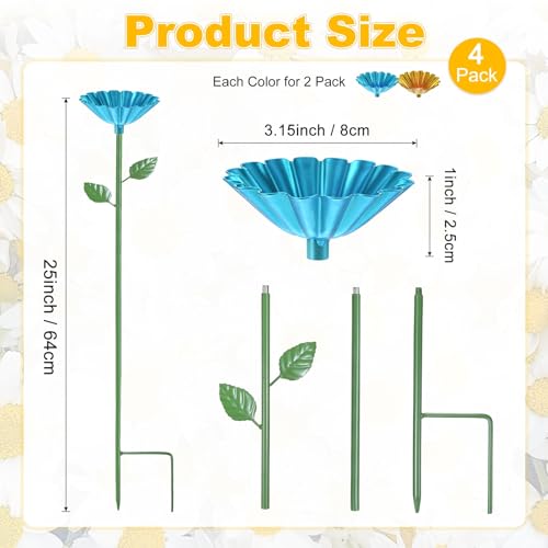 M METERXITY 4-Pack Bee Watering Station, 64cm/25 Inch Iron Bee Bath for Garden Water Feeder, Colorful Butterfly Bath Bowl for Outdoor/Garden/Yard Decor [Blue/Yellow] - color: Blue, yellow