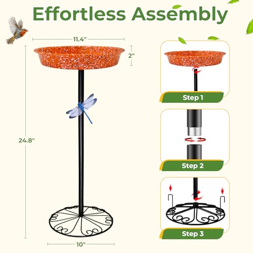 Freestanding Birdbath for Outside 25'' Height Outdoor Pedestal Birdbath & Bird Feeder Rust-Proof Tall Bird Bath for Outdoor Garden Patio Backyard Lawn Gift for Bird Lover (Orange) - color: Orange