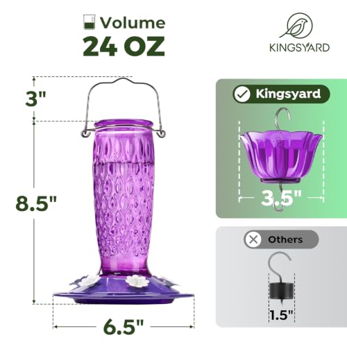 Kingsyard 2 Pack Glass Hummingbird Feeder for Outdoors with Ant Moat | 24 oz, Wide-Mouth Opening, 6 Metal Feeding Ports, Bee Guard, Easy to Clean & Refill Nectar, 360 Degree Perch, Purple - color: Purple