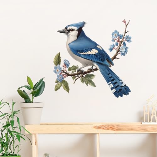 Blue Jay On A Branch Bird Wall Decal Animal Wall Sticker | Removable, waterproof, vinyl peel and stick wall art for nursery, baby room, classroom, preschool, living room, and playroom