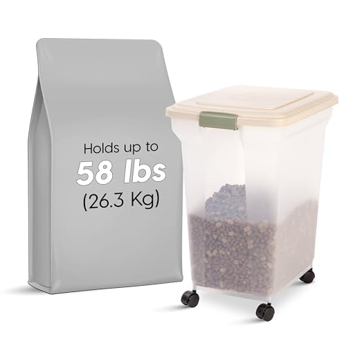 IRIS USA Dog Food Storage Container, Up to 58 lbs, Almond, Made in USA | Wheels for Mobility, Airtight Seal, BPA-Free, Best for Bird Seed, Cat food, Cat Litter, Chicken Feed, Pellets - color: Almond, size: 58 lbs
