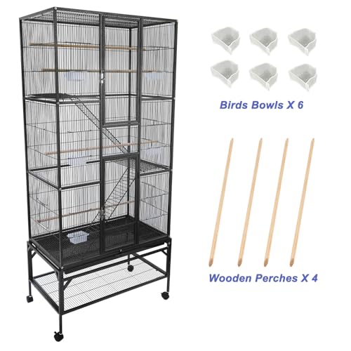 69.5 Inch Large Bird Cage, Parakeet Flight Cage with Rolling Stand, Storage Shelf, Tray, Perches, Feed Bowls, Extra Large Parrot Cage for Macaw, Cockatiel, Budgie, Conure, Lovebird & Finch