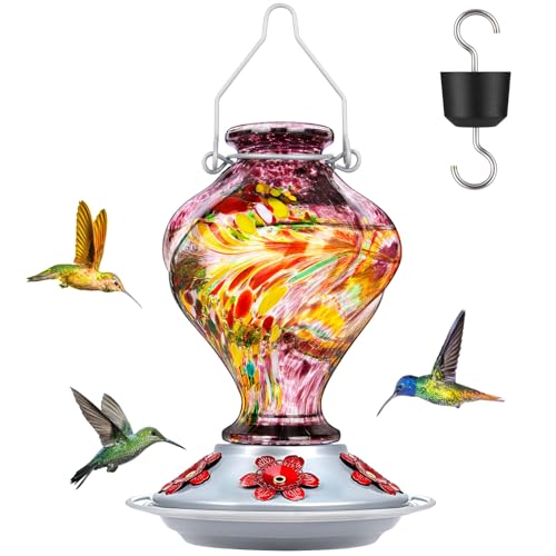 Glass Hummingbird Feeders for Outdoors Hanging with ant Moat, Purple | Hand Blown, 24oz, 5 Bee-Proof Ports, 360° Perch, Leak-Proof, Easy Refill & Clean, Garden Decor, Gifts for Mom Dad Women Men - color: Purple Raspberry