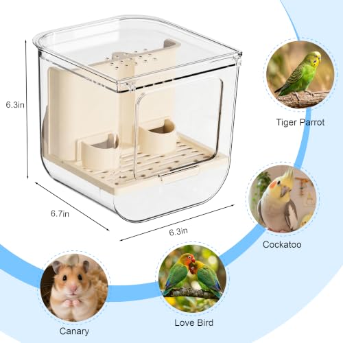 Automatic No Mess Bird Feeder for Cage 2-in-1 Transparent Parrot Seed Food Container & Bird Bath Box with 27oz Capacity Spill-Proof Bird Accessories for Lovebirds Cockatiels Canaries (Shower)