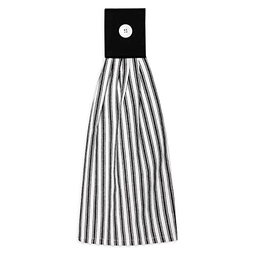 Black and White Ticking Stripe Hanging Kitchen Dish Hand Towel Cotton with Button Accent, Set of 2 - color: Black