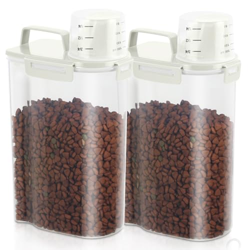 2 Pack 3 Lbs Pet Dog Cat Bird Seed Food Storage Containers for Travel Beige | Airtight Flour Container 5 Lbs with Large Pour Spout Measuring Cup Portable Rice Dispenser Cereal Oatmeal Holder - color: Beige-3L 2Pack