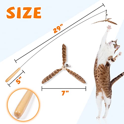 JXFUKAL Cat Wand Toys, Interactive Cat Toys with 3 Feather Refills, 29'' Flexible Steel Wire, Sturdy Wood Handle & Bell for Kitty Kitten, Cat Toys for Indoor Cats Teaser Cat String Toy - color: Set A
