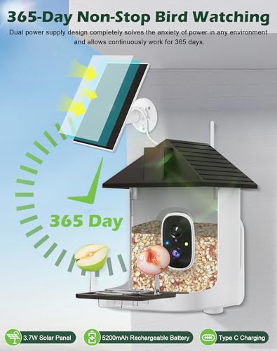 Smart Bird Feeder with Camera,5200mAh Battery with Solar Panel, 4K Native Resolution Live View, AI Species Identification, Auto Capture & Instant Arrival Alert, Ideal Gift for Bird Lovers (Dark Grey) - color: Dark Grey