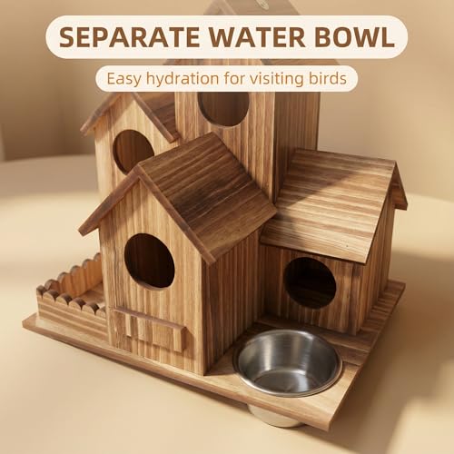 Cekobechg Outdoor 5-Hole Wooden Bird House with Feeding Basin, Bird Nest for Garden and Patio Decor, Ideal for Finches, Bluebirds, Cardinals and Small Birds, Natural Solid Wood