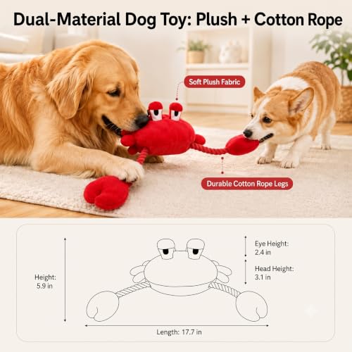 Squeaky Dog Plush Chew Toy, Interactive Tug Squeaky Toy for Chewers, Medium & Large Dogs & Fetch Play, 18.1 Inch Stuffed Crab Toy with Rope Twisted Claws for Gentle Gum Care & Boredom Relief, Red - color: Red (Crab)