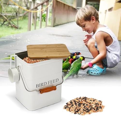 Morezi Bird Treat and Food Storage tin with Wooden lid and Scoop Included - White Powder - Carbon Steel - Birds Food bin - pet Food Container Storage Canister - color: White wood lid