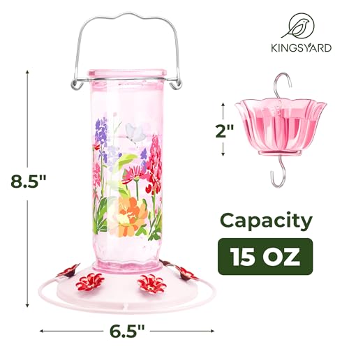 Kingsyard 2 Pack Hummingbird Feeders for Outdoor Hanging - Charming Patterned Glass Humming Bird Feeder with 6 Feeding Ports and Ant Moat, Ideal Gift Choice for Bird Lovers, Pink | Extra-Wide Mouth Bottle for Easy Cleaning, 6 Feeding Ports, Built-In Ant M