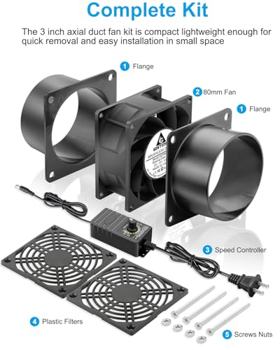 GDSTIME 80mm Small 12V DC Axial Exhaust Fan with AC Plug, 3 Inch Flanges | Variable Speed, Dual Ball, High Speed, for Soldering, Laser Engraver, 3D Printer, DIY Cooling Ventilation Exhaust Projects - style: 8038 Fan + 2 Flanges