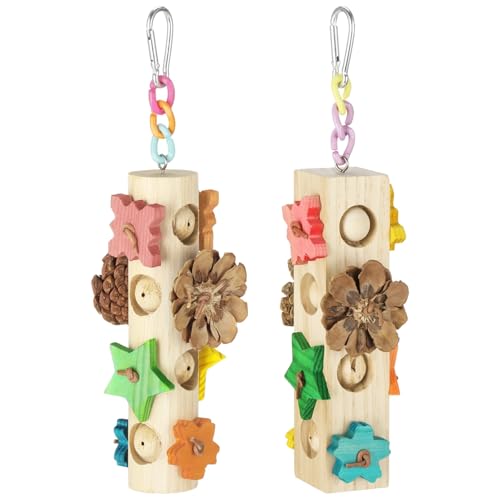 2 Pcs Bird Toys for Parrot, Hanging Parrot Toy with Pine Cones, Natural Wood Blocks Foraging Toys for Cockatiels Conures Budgies Parakeets, Cage Accessories