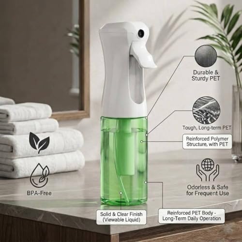 VIGOR PATH Continuous Mist Green Spray Bottle 200ml Fine Mist for Hair | Aerosol Free Reduces Hand Fatigue Salon Refillable Lightweight Cleaning - color: GREEN