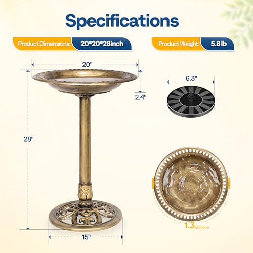 VIVOHOME Bird Bath with Solar Fountain for Outside, Pedestal, Golden | Solar-Powered Pump, Weather-Resistant Polyresin, 20-Inch Bowl, for Outdoor/Garden, Bird-Friendly, Easy to Clean - color: Golden