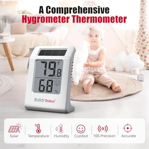 Digital Thermometer Humidity Gauge Meter | Solar-Powered 2.2" Indoor Temperature Humidity Monitor for Baby Rooms, Home, Office, and Wine Cellars, White, 1Pack - color: White 1pack