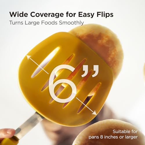 Kitchen Mama WaltzGrip Platinum Silicone Pancake Spatula Turner, Yellow | Heat-Resistant, Slotted Tapered Head, Stainless Steel Core, Durable and Dishwasher-Safe, For Flipping and Wok Use - color: Yellow
