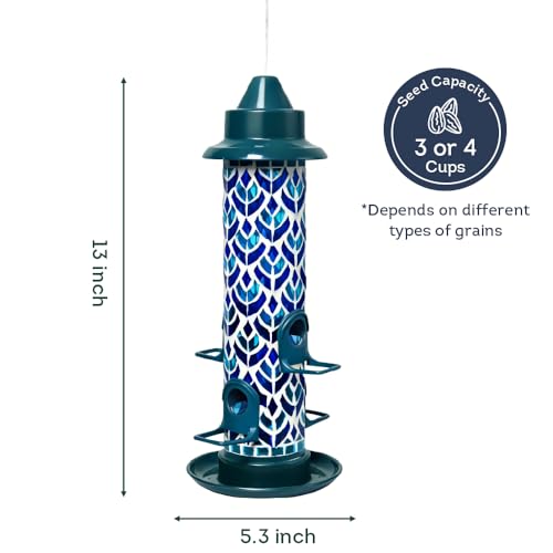 Lily's Home Blue Mosaic Tube Bird Feeder - Attracts Small Birds - 4 Feeding Ports, 3 or 4 Cups Capacity & 6'' Hanging Wire - Tube Bird Feeders for Outdoors Garden - Easy Refill - Twist-Off Cap - color: Blue