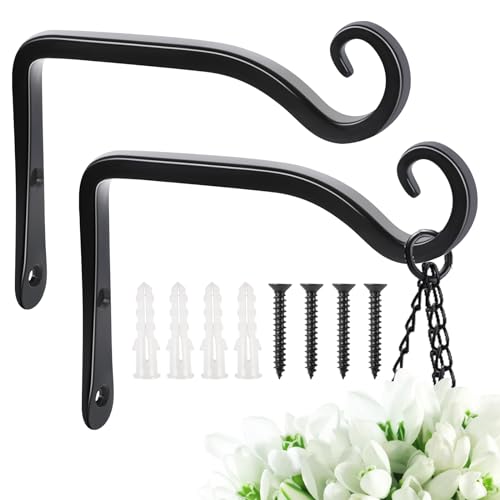 Heavy Duty Plant Hooks - 2 Pack 6 Inch Wall Mounted Hanging Brackets, 44lb Capacity Steel Plant Hangers for Bird Feeders, Baskets, Wind Chimes - Black - color: Black-L, size: 6 Inch