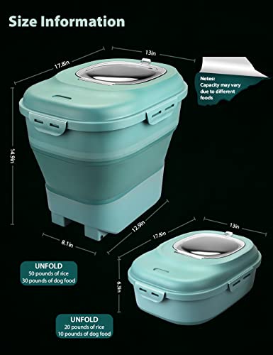 Viretec Cereal Rice Storage Containers, 20 to 50Lbs Collapsible Dry Food Dispenser Bins with Airtight Flip Lid Rolling Wheel, Kitchen Pantry to Store Sugar Flour, Dog Pet Cat Food Holder Container - color: Green