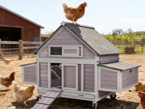 GUTINNEEN Large Chicken Coop with Wheels for 6-8 Chickens, Mobile Wooden Hen House with 2 Nesting Boxes, Removable Tray, Weatherproof Roof, Expandable Outdoor Poultry Cage - size: 67.3"L x 40"W x 49.8"H