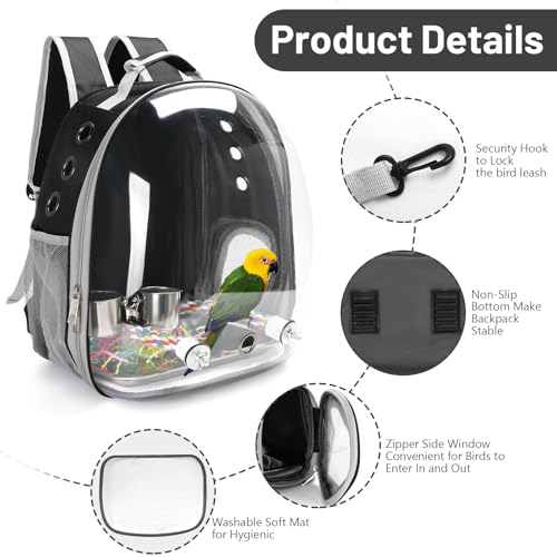 Bird Backpack Carrier, Travel Bird Cage for Small Medium Size Parrot Parakeet Budgies Cockatiel, Portable Clear Bubble Window Bag with Stainless Steel Tray Food Bowl Standing Perch (Black) - color: Black