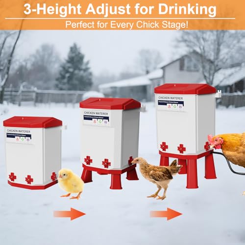 Heated Chicken Waterer 1.9 Gal, Winter, Freeze Proof Chicken Waterer, 4 Nipples for Clean Water，Detachable Legs, Adjustable Height for Chickens, Pigeons, Beaked Poultry