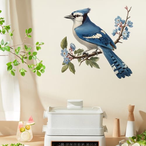 Blue Jay On A Branch Bird Wall Decal Animal Wall Sticker | Removable, waterproof, vinyl peel and stick wall art for nursery, baby room, classroom, preschool, living room, and playroom