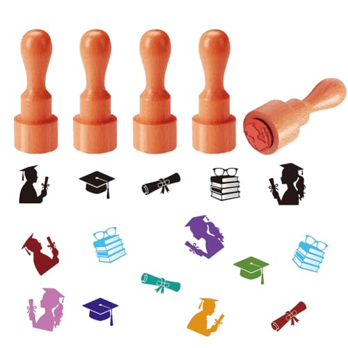 AHANDMAKER 5 Styles Egg Stamps, Graduation Theme Mini Wooden Rubber Stamp for Fresh Eggs Unique Designs Egg Drawing Stamps for Eggs Famers and Chicken Owners Scrapbooking Card(No Ink Include) - style: Graduation