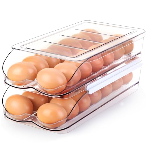 RoskDeewat Egg Holder for Fridge, Automatic Rolling Egg Container -2 Tier | Stackable Fridge Organizers and Storage with Lid, Sturdy Clear Plastic Egg Dispenser & Tray for Refrigerator - size: 2 Tiers Holder 28 Eggs