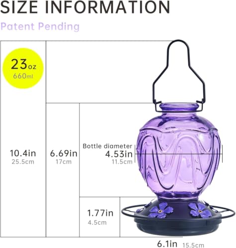 2 Pack Glass Hummingbird Feeder for Outdoors Hanging, 24Ozs Humming Bird Nectar Feeder w/Perch, 5 Flower Feeding Ports, Leak Proof Base and Hook for Outside Garden Backyard Decor, Purple - color: Purple-2