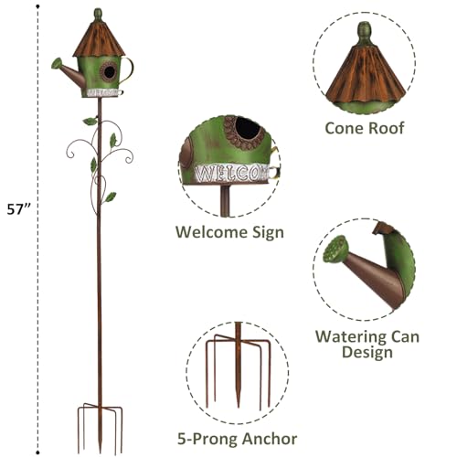 BAYN 57” Metal Bird House Stake for Outside Decorative | Kettle Design, Double-hole, Easy Assembly, Cleaning Door, Sturdy Wild Birdhouse on 5 Pronged Garden Stake Pole - style: Kettles