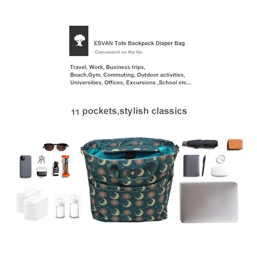 Diaper Tote Bag Totepack Backpack Crossbody Bag 3 in 1 for Women Laptop Backpack Multifunctional with Insulated Pockets - color: Corduroy Dark Green Moon