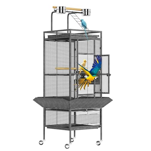 Garvee 61in Large Bird Cage, Metal Bird Cage with Bird Playground, Rolling Parrot Cage with Feeding Accessories, Large Parakeet cage for Parrots, Parakeets, Conures, Parrot, Black
