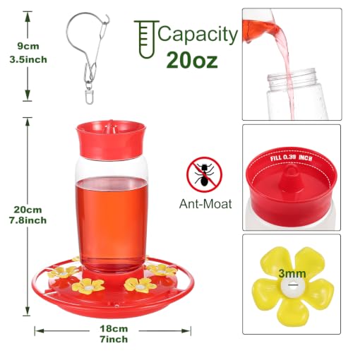 Plastic Hummingbird Feeders 2 Pack 20oz, Wide Mouth, Easy Clean | 6 Feeding Ports, Easy Fill, Ant Moat, Bee Proof and Leak-Proof, Clear Bottle, Weatherproof Hook, For Yard Deck Patio