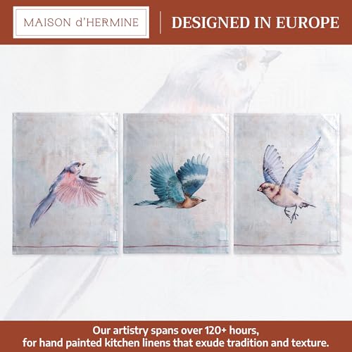 Maison d' Hermine Kitchen Towels Set of 3 Reusable 100% Cotton 27.50" x 20" | Cloth Tea Dish Towels Absorbent with Hanging Loop for Kitchen Dining Party Wedding Hotel Home Spring Summer - Flying Birds - color: 045 - Flying Birds