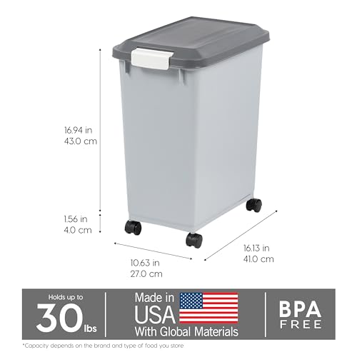 IRIS USA Dog Food Storage Container, Up to 30 lbs, Gray/Dark Gray | Made in the USA, Comes w/ Wheels & 2-Cup Scoop, Airtight Seal, BPA-Free, Kibbles, Bird Seed, Cat food, Cat Litter, Pellets - color: Gray/Dark Gray, size: 30 lbs
