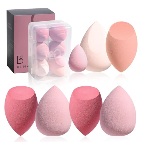 Makeup Sponge Set BS-MALL with Storage Case 7 Pcs for Liquid, Cream, and Powder,SAVE Foundation with 1 Mini Makeup Sponge For Travel Daily Use (A-Pink） - color: A-Pink