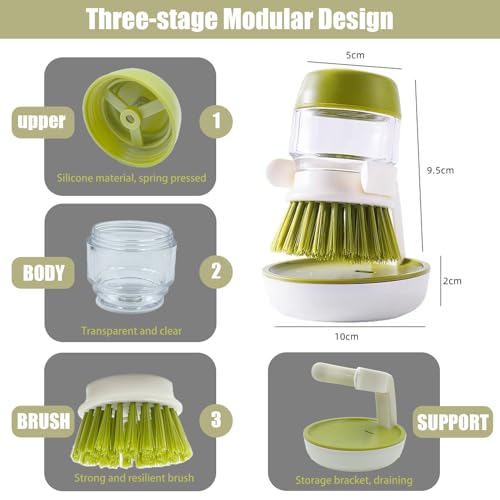 Soap Dispenser Dish Brush Palm Brush Scrub Brush Equipped with Storage Bracket and Drainage Base,Easy to Clean Kitchen Utensils and Sink, Includes a Replaceable Brush（Green） - color: Green
