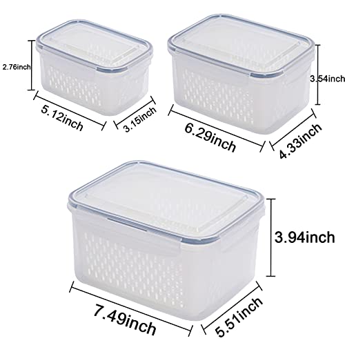 3Pack Fridge Food Storage Container Set with Lids with Strainer,Plastic Fresh Produce Saver Vegetable Fruit Meat Storage Organization, BPA-Free Plastic Produce Keepers(3.15L+1.7L+0.8L)