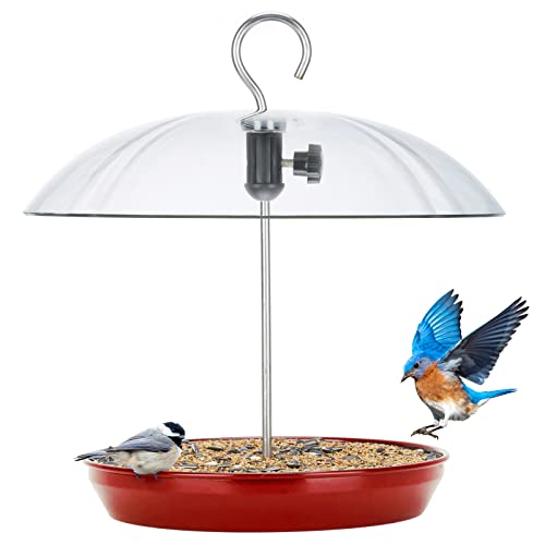 Kingsyard Platform Bird Feeder with Adjustable Dome for Outdoors Hanging | Metal Tray, Adjustable Dome, Adjustable Bird Access, Rain-Resistant, Drainage Holes, Seed & Mealworm Feeder, Red