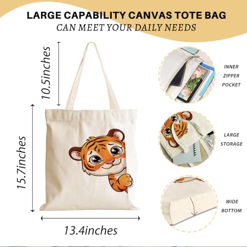 Cartoon Canvas Tote Bag, Gifts for Women Men Birthday Christmas Reusable Tote Shoulder Bag for Grocery Shopping 01 - color: Tiger 486