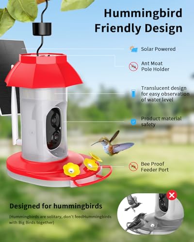 Smart Hummingbird Feeder with Camera, Solar Powered, AI Recognition | Bird Watching Camera for Outdoors, Live Videos, Ant Moat, Bee Proof, Nature Gifts for Bird Lovers - color: Red